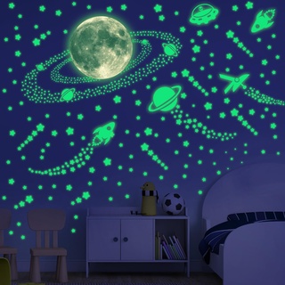 KAMEUN Weltraumthema Leuchtsterne Selbstklebend Wandsticker, Meteore Sterne und Mond Sternenhimmel Aufkleber Wanddeko, Leuchtsticker Wandtattoo für Kinderzimmer Schlafzimmer