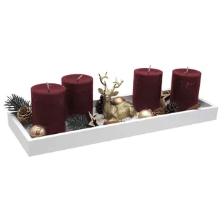 Adventsgesteck Weihnachten Weihnachtsdeko Tablett Bordeaux Rot Weiß Hirsch Gold