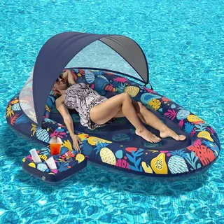 Blissbuilt Aufblasbares Pool Luftmatratze für Erwachsene 185 * 120cm,Wasserhängematte Mit abnehmbarem Sonnendach und Getränkehalter,Tragbar Große Aufblasbare Pool Für Sommerpool,Strand,See &Partys