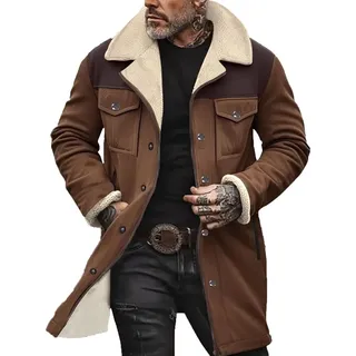 ASKSA Herren Vintage Wildlederjacke Warm Gefuettert Winterjacke Winter Jeansjacke Ledermantel Revers Wintermantel Reissverschluss Kunstlederjacke,K... - Braun - M