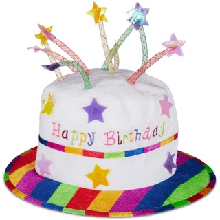 Relaxdays Unisex – Erwachsene Happy Birthday Hut Torte, Geburtstagshut mit Kerzen, Partyhut Geburtstagstorte, Plüschhut Party, weiß & bunt, bunt, 1 Stück