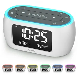 BUFFBEE Radiowecker with Dualalarm, FM Radio & Digitaler Wecker | 7 Farben Nachtlicht und 0-100% dimmbarem Display, 3 Wecktöne, für Schlafzimmer und Nachttisch-Weiß