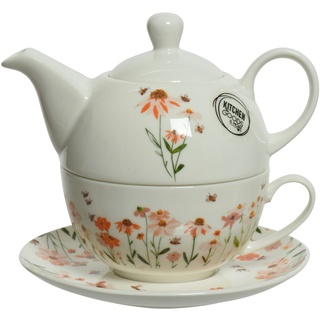 Decoris Tea-For-One Teekanne mit Tasse & Untertasse Porzellan 16x15cm weiß geblumt - Teetasse mit Kanne Set - Teekännchen Blumen - Teapot Teacup Teekannenset