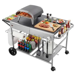 Vevor Grillwagen Outdoor 925x595x25 mm (Tischplattengröße), Rollbarer Grilltisch mit 4 Gewürzbehältern & Rädern & Deckeln & Haken, Grillvorbereitungstisch Servierwagen für Picknick Küche Garten