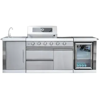 HAMSON International GmbH Gasgrill Edelstahl Gasgrill Outdoorküche, Seiten-/Rückseitenbrenner, Spülbecken, Kühlschrank, Sichtfenster, Thermometer