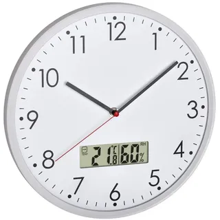 TFA Dostmann Analoge Wanduhr mit digitalem Thermometer und Hygrometer, zur Raumklimakontrolle, Glas, Weiß, Ø 302 x H 47 mm (Weiss mit Batterien)