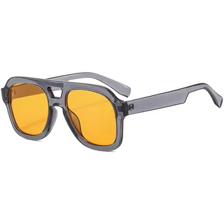 Long Keeper Retro Pilot Sonnenbrille Herren Damen 70er Vintage Sonnenbrille Pilotenbrille Eckig Klassisch Piloten Gelb Getönte Brille mit UV400 Schutz, 50MM (Klares Grau Rahmen - Orange Linse) - Einheitsgröße