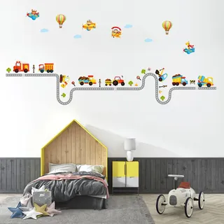 Wandtattoo Für Kinder – Verkehrsmotiv – Auto, Lkw, Feuerwehrwagen, Flugzeug, Tiere – 90 X 30 Cm – Kinderzimmerdeko Für Jungen