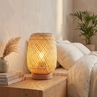 BARCELONA LED Tischlampe Rattan Holz E27 Boho | Handgefertigt, Naturmaterialien, E27, 135cm Kabel, Deko