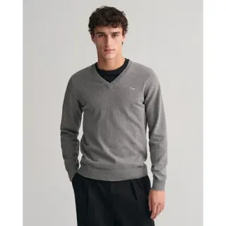 Gant für Herren. 8030562 Klassischer grauer Pullover mit V-Ausschnitt (L), Lässig, Baumwolle, Langarm