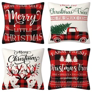 Kissen, 4er-set Weihnachtskissenbezüge, 45 X 45 Cm, Rustikale Weihnachtsdekoration Für Zuhause, Schottisches Muster Mit Büffel, Baum Und Hirsch, Rustikaler Lkw, Für Die Winterfeiertage