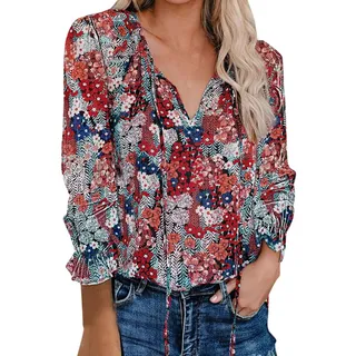 Hippie Bluse Damen Sommer V-Ausschnitt Langarm Tunika mit Blumenmuster Boho Elegant Blusen 70er Jahre Italienische Mode Leinenbluse Leicht und Luftig Viskose Dünne Longbluse Ausgefallene Strandhemd