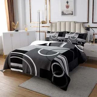 Kreise Wirbel Tagesdecke 220x240 Modern Grau Schwarz Weiß Gesteppt Abstrakte Wirbel Quadratisch Tagesdecke Die Ganze Saison,Geometrisch Gestreift Tagesdecke Quilt-Set Modern Kreativ Zimmer Dekor
