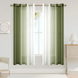 XWZO Gardinen mit Ösen Vorhänge Transparent Farbverlauf Voile Gardinen, Ombre Vorhang für Schlafzimmer und Wohnzimmer 160cm x 140cm(H x B) Armeegrün