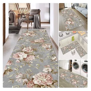 Siunwdiy 3D Blumenmuster Flur Teppich Läufer,Rosen Rosa Grau Läufer Teppich Flur,Korridor Modern rutschfest Designer, KüChen Läufer Teppich Läufer Waschbar Für Schlafzimmer, Wohnzimmer,Grau,80x200cm