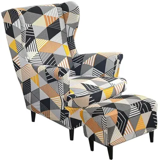 Highdi 2 Teilig Ohrensessel Überzug Mit Ottomane Schonbezug, Sessel-Überwürfe Ohrensessel Schonbezüge Bezug Sesselhusse Stretch Tiger Stuhlbezug mit Armlehne Hohe Rückenlehne (Orange Geometrie)