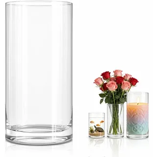 Yuragim Blumenvase Glas Modern Zylinder Vase 20 cm Hoch, Ø10 cm Glasvase Zylinder, Handgemacht Kristall Vasen, Kerzenhalter Glas Blumenblume Pflanzenbehälter für Tischdeko Hochzeiten Wohnzimmer Deko