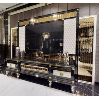 Casa Padrino Luxus Art Deco TV Schrank Set Schwarz / Weiß / Gold - Prunkvolles Wohnzimmer Sideboard mit TV Rückwand - Art Deco Wohnzimmer Möbel - Luxus Kollektion