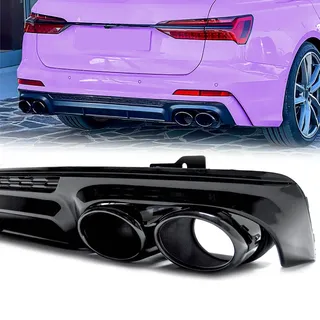 S6 Stil Diffusor Heckdiffusor + Auspuffblende Schwarz für Audi A6 C8 Avant Limousine S Line 40 50 tdi ab 2018 2019 2020 2021