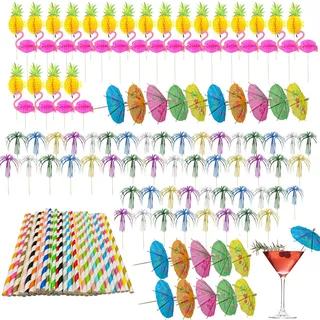DALAETUS 160-teiliges Cocktail Deko Set, Wiederverwendbar, Holz, Cocktail Zubehör mit Schirmchen, Feuerwerkstäbe, Strohhalme, Flamingostäbe, Mehrfarbig, für Sommer Party, Hochzeitsfeier, Bar Getränke