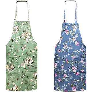 MEMOFYND 2 Stück Damen-Kochschürzen, Vintage-Schürzen, Blumenschürzen, Backschürzen, Damen-Küchenschürzen mit Blumenmuster und 2 Taschen (blau, grün) - 73*65*44 cm