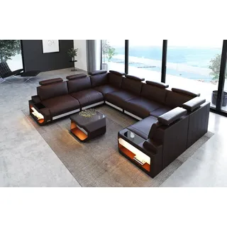 Sofa Dreams Wohnlandschaft Leder Couch Sofa Siena U Form Ledersofa, U-Form Ledersofa Wohnlandschaft mit LED-Beleuchtung und USB braun