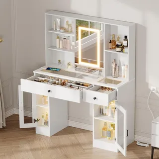 Zstar Schminktisch mit Spiegel & LED Beleuchtung Beleuchteter Frisiertisch mit 3-Farben-LED, Schiebespiegel, kratzfester Glasplatte, Schubladen, Regenbogen-Glasvitrinen, USB/AC-Steckdosen, MDF