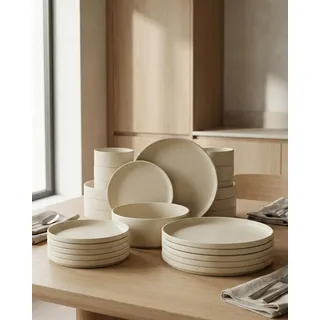 BAVARY Steinzeug-Geschirrset 25-tlg. für 6 Personen, Beige, Granit-Look | Tafelservice, Teller, Schalen & Servierschale, außen matt, innen glänzend, stapelbar, spülmaschinen- & mikrowellengeeignet