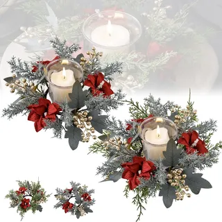 enseak Weihnachtskerzenkranz, Kerzenringe für Stabkerzen, Kleiner weihnachtskranz, Kunststoff Seide, Winter, Weihnachten