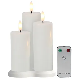 3 Akku-LED-Stumpenkerzen mit Dochten, Flammen-Effekt und Timer, weiß