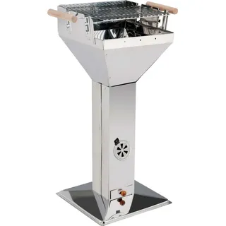 Trichtergrill mit 3-fach höhenverstellbarem Grillrost, mit 2 Haltegriffen, Windschutz und Ascheschublade, rostfreier Edelstahl - Silber/Braun