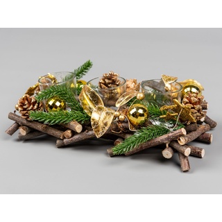 Teelichthalter, 28 cm, für 3 Kerzen, Holzzweige, verziert mit goldenen Kugeln, Beeren, Blättern, Sternen, Laub, Tannenzapfen, Weihnachten, Tischdekoration