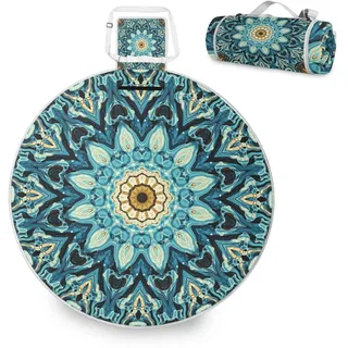 Große Picknickdecke, rund, Mandala, wasserdicht, rund, Picknickmatte, tragbarer Teppich, Outdoor, für Strand, Camping, Park, Reisen, 148 cm
