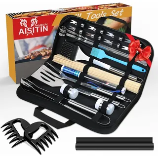 AISITIN BBQ Grillbesteck Tool Set 25er mit Bambusstab, Grill Zubehör Geschenk für Männer mit Grillkoffer und Grillmatte, aus Hochwertiger Edelstahl für Garten und Camping für Männer und Frauen