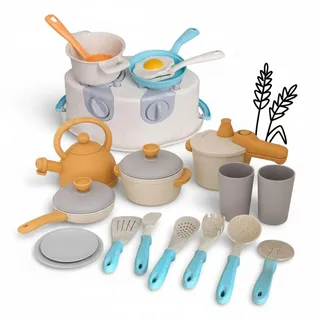 alldoro Kochset für Kinderküche, Herd & Geschirr, 22-TLG. Küchenspielzeug | Spielküchen-Zubehör mit Spielherd-Eimer, indoor & outdoor, für Kinderzimmer, Matschküche, als Sandspielzeug & Puppengeschirr
