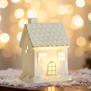 Weihnachtsdeko LED Weihnachtshaus, Porzellan Häuser Weiß Mit Goldenen Kanten, Lichterhaus Keramik Weihnachtsdorf Mit Beleuchtung Batteriebetrieben, Diy Winter Deko Adventsdeko Innen (C)
