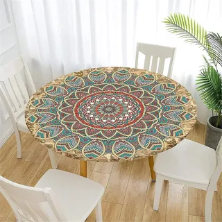 FANSU Tischdecke Abwaschbar Rund 150cm, Ideal für 130cm-140cm, Mandala Elastisch Rund Outdoor Tischdecken Modern Wasserdicht Fleckschutz Tische Gartentischdecke für Küche
