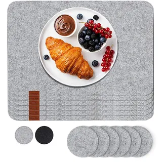 Luana Rose Platzsets aus Filz 12er Set in Anthrazit - Tischset abwischbar - 44x32 cm Filzuntersetzer - Hochwertige Platzdeckchen abwaschbar - Tischuntersetzer Platzset + Glas Untersetzer-Set