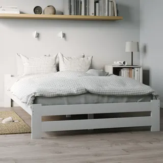 Holzbett 140x200 cm mit Lattenrost Modern Bett Bed Kiefer Massiv Bettgestell Doppelbett Massivholzbett Klassisch | Komfortabel & Langlebig | Skandinavisch Boho Landhaus Kopfteil flach weiß