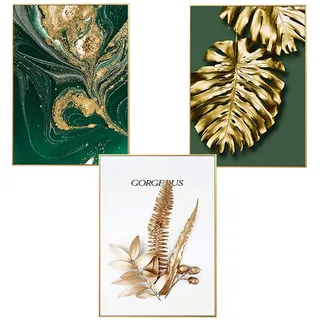 Martin Kench 3er Set Design-Poster Wandbilder, Wald Goldene Blätter Palmblatt, Ohne Rahmen, Wandbild Print Bilder Kunstposter Deko für Wohnzimmer (Stil B,30 x 40 cm)