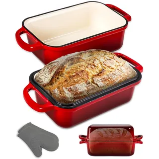 NutriChef Gusseisen Topf - Brotbackform mit Deckel - 22,9 cm Kastenform für Sauerteigbrot, emailliert, inkl. Silikonhandschuhen, spülmaschinenfest, Rot