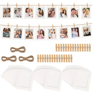 30 Stücke Kraftpapier Bilderrahmen Papier Fotorahmen mit 30 Clips und 3 Hanf Seile, Bilderrahmen aus Pappe 10x15, Fotogirlande für Bilder, Zimmer, Wohnzimmer, Weihnachten, Hochzeit, Party Deko