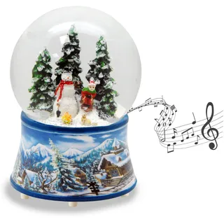 Schneekugel Weihnachten Spieluhr | Schneemann Steht | Sockel Weihnachtsdekor rot | Breite: 100mm, Höhe: 140mm | mit Musik | Weihnachtsdekoration | 20259