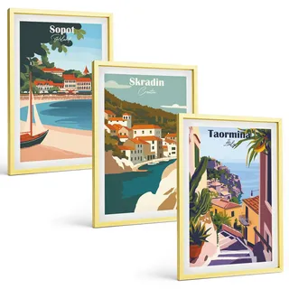BILDER SET 3er Set - 40x60 cm Goldrahmen - Illustrationen von Küstenstädten