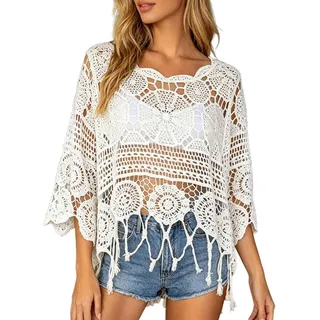 Häkeltop Damen, Cover Up Strandtop Boho Langarm Oberteile Rundkragen Strandbluse Locker Bikini Durchsichtig Blusenshirt Strandmode