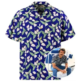 Paradise Found Hawaiihemd Tom Selleck "Green Leaves" Original Hawaiihemd Kurzarm Front-Tasche blau S