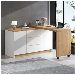 Flieks Kommode mit 360° drehbare Tisch, Rollen und Schubladen (2 St., mit verstellbaren Einlegeböden), Schreibtisch Sideboard Mehrzweckschrank Arbeitstisch weiß&Eiche beige