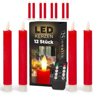 Stabkerzen LED mit Timer ROT 12 Stück indoor - 6 Stunden - ECHTWACHS 18cm Höhe für Kerzen 2,2cm Durchmesser 2 AAA Batterien notwendig LED Stabkerzen 4er Set ROT (drei Mal) bewegliche Flamme Licht