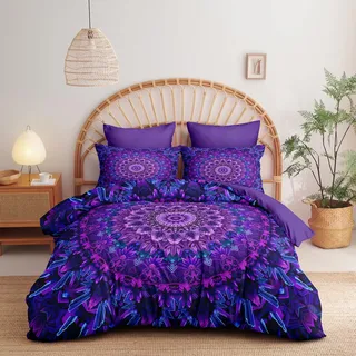 Covebett Boho Bettwäsche 135x200 Lila Violett Blumen Vintage Mandala Muster Wendebettwäsche Set Bohemian Floral Blumenmuster Microfaser Bettbezug und Kissenbezug 40x80 cm mit Reißverschluss