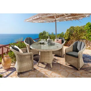 Garten-Essgruppe DESTINY "MALAGA LUNA" Sitzmöbel-Sets Gr. Polyester, beige (natur, meliert, natur, aluminiumfarben) Outdoor Möbel Polyrattan, 4 Sessel + 1 Tisch Ø 100x75 cm, inkl. Auflagen